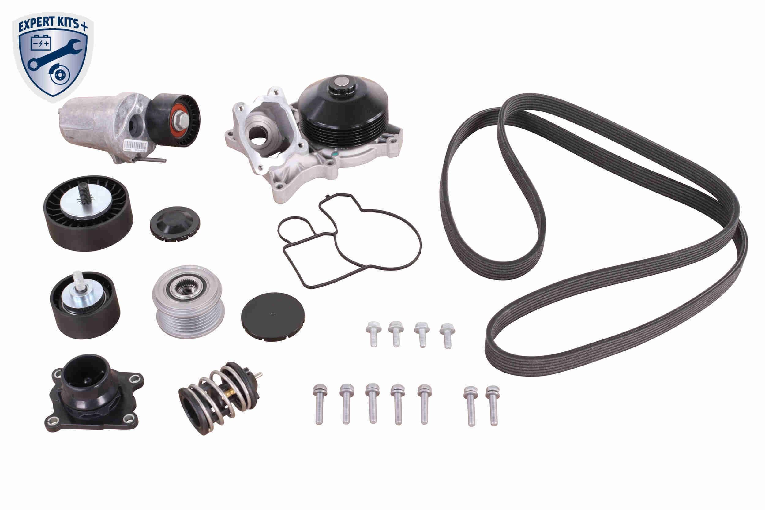 VAICO V20-50100-BEK: Vezérműszíj készlet vízpumpával EXPERT KITS + Feszítőkarral, feszítőgörgővel, tömítésekkel, Vízszivattyúval, csavarokkal, szíjjal, termosztáttal