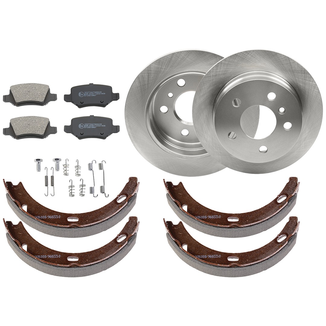 RIDEX 3405B1564: Kit de discos de freno y pastillas Eje trasero, Ø: 258mm, macizo, Chapa antichirridos