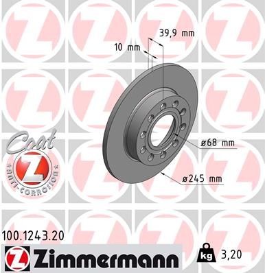 ZIMMERMANN 100.1243.20: Disque de frein Ø: 245mm, plein, Ø: 245mm, revêtu COAT Z