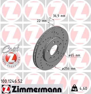 ZIMMERMANN 100.1246.52: Piduriketas Ø: 256mm, välisõhutus, perforeeritud, Ø: 256mm, kaetud SPORT COAT Z