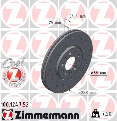 ZIMMERMANN 100.1247.52: Stabdžių diskas Ø: 288mm, išorinis ventiliavimas, perforuota, Ø: 288mm, padengta SPORT COAT Z