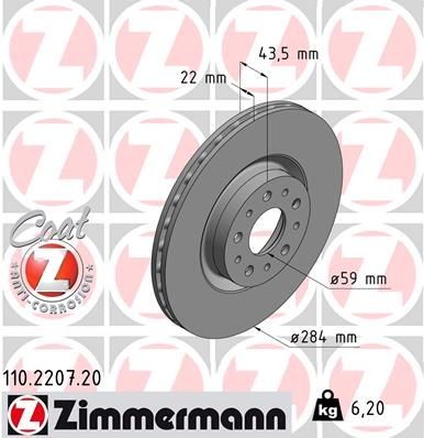 ZIMMERMANN 110.2207.20: Brzdový kotouč R: 284mm, vnitřně větráno, R: 284mm, nátěr COAT Z