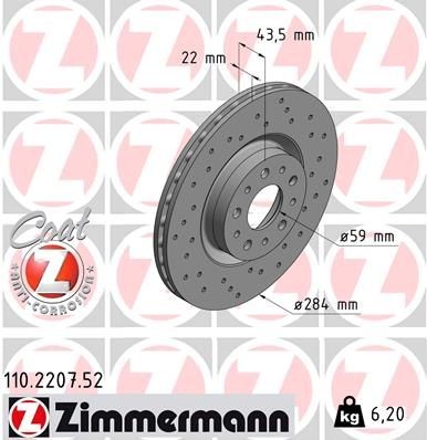ZIMMERMANN 110.2207.52: Brzdový kotouč R: 284mm, vnitřně větráno, děrovaný, R: 284mm, nátěr SPORT COAT Z