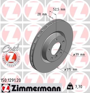 ZIMMERMANN 150.1291.20: Brzdový kotouč R: 315mm, vnitřně větráno, R: 315mm, nátěr COAT Z