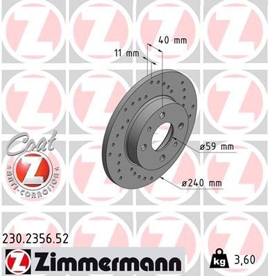 ZIMMERMANN 230.2356.52: Brzdový kotouč R: 240mm, plný, děrovaný, R: 240mm, nátěr SPORT COAT Z