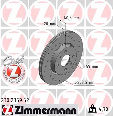 ZIMMERMANN 230.2359.52: Piduriketas Ø: 257mm, sisemine õhutus, perforeeritud, Ø: 257mm, kaetud SPORT COAT Z