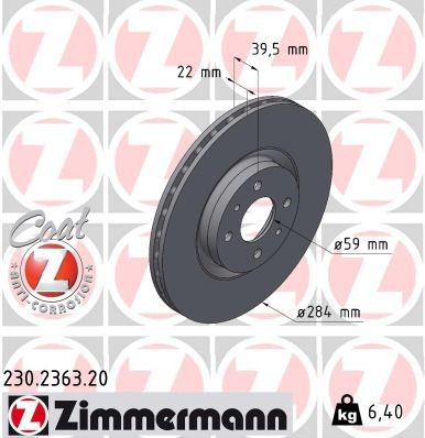 ZIMMERMANN 230.2363.20: Piduriketas Ø: 284mm, sisemine õhutus, Ø: 284mm, kaetud COAT Z