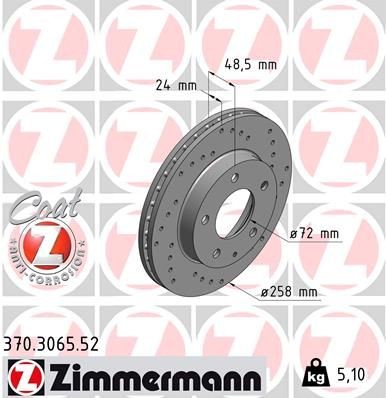 ZIMMERMANN 370.3065.52: Stabdžių diskas Ø: 258mm, vidinis ventiliavimas, perforuota, Ø: 258mm, padengta SPORT COAT Z