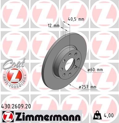 ZIMMERMANN 430.2609.20: Bremseskive Ø: 257mm, fuldstændigt, Ø: 257mm, coatet COAT Z