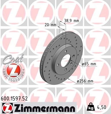 ZIMMERMANN 600.1597.52: Stabdžių diskas Ø: 256mm, vidinis ventiliavimas, perforuota, Ø: 256mm, padengta SPORT COAT Z