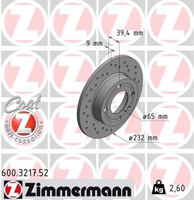 ZIMMERMANN 600.3217.52: Brzdový kotúč Ø: 232mm, plný, dierovany, Ø: 232mm, potiahnutá SPORT COAT Z