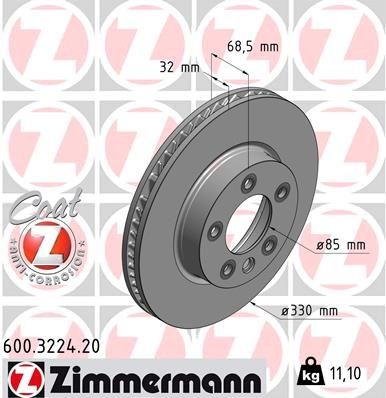 ZIMMERMANN 600.3224.20: Piduriketas Ø: 330mm, sisemine õhutus, Ø: 330mm, kaetud COAT Z