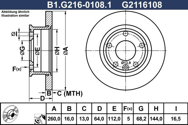 GALFER B1.G216-0108.1: Stabdžių diskas Ø: 260,0mm, visiškai, Ø: 260,0mm, padengta
