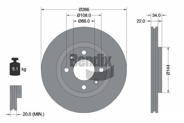 BENDIX Braking BDS1000 Bremsscheibe Ø: 266mm, außenbelüftet, Ø: 266mm, beschichtet, ohne Radnabe, ohne Radlager, ohne Radbefestigungsbolzen