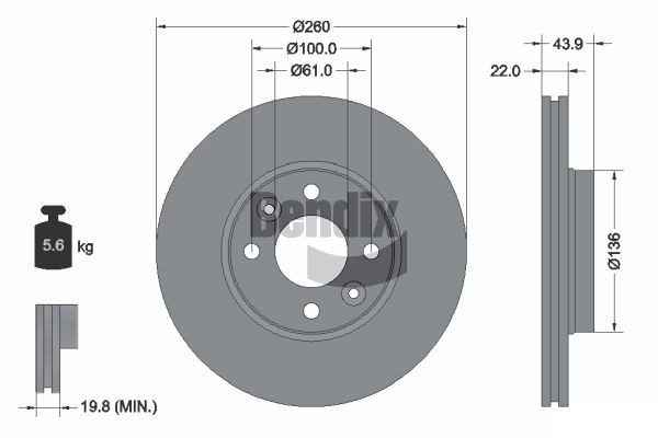BENDIX Braking BDS1003: Disco de freno Ø: 260mm, ventilación externa, Ø: 260mm, revestido, sin buje de rueda, sin cojinete rueda, sin perno de sujeción de rueda
