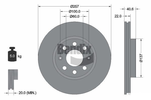 BENDIX Braking BDS1005: Bremseskive Ø: 257mm, indvendigt ventileret, Ø: 257mm, coatet, uden hjulnav, uden hjullejer, uden hjulbolte