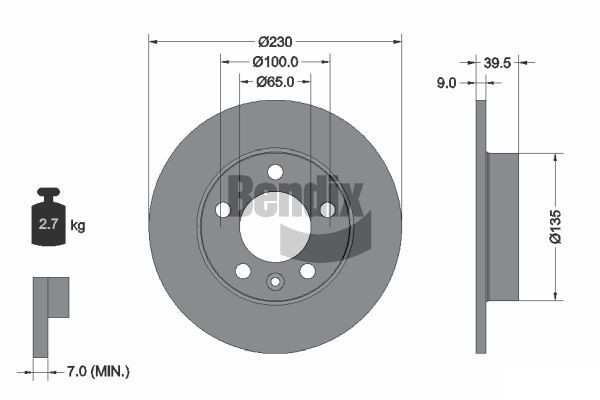 BENDIX Braking BDS1009: Brzdový kotúč Ø: 230mm, plný, Ø: 230mm, potiahnutá, bez náboja kolesa, bez ložiska kolesa, bez skrutiek upevnujucich koleso