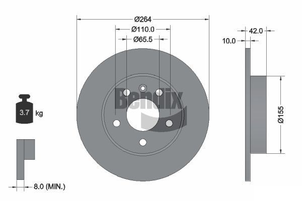 BENDIX Braking BDS1038: Piduriketas Ø: 264mm, täis, Ø: 264mm, kaetud, ilma rattakeskmeta, ilma rattalaagrita, ilma rattakinnituspoltideta