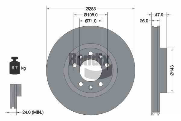 BENDIX Braking BDS1045: Bremseskive Ø: 283mm, indvendigt ventileret, Ø: 283mm, coatet, uden hjulnav, uden hjullejer, uden hjulbolte