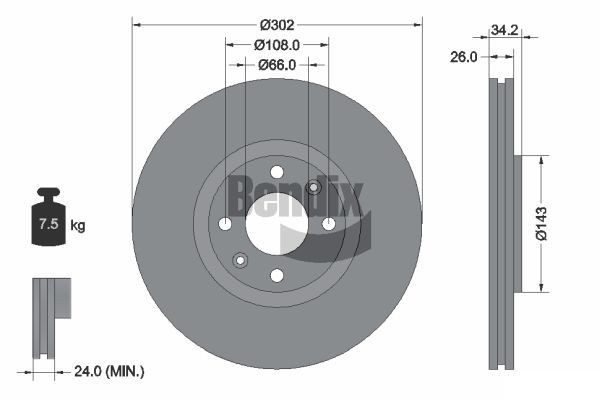BENDIX Braking BDS1082: Bremseskive Ø: 302mm, indvendigt ventileret, Ø: 302mm, coatet, uden hjulnav, uden hjullejer, uden hjulbolte
