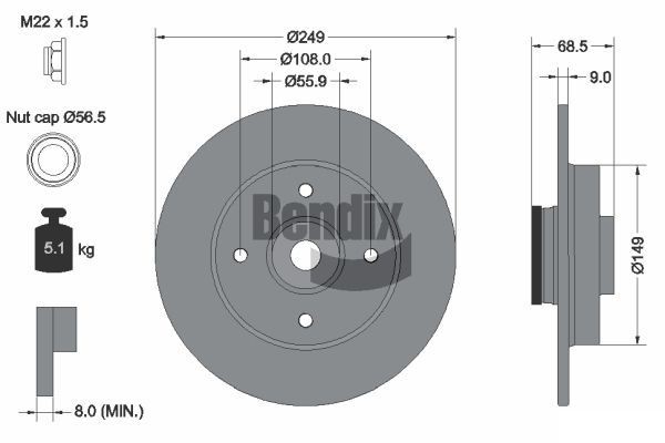 BENDIX Braking BDS1088: Stabdžių diskas Ø: 249mm, visiškai, Ø: 249mm, su ašies veržlėmis, padengta, su integruotu jutiklio žiedu, su rato guoliu, be rato tvirtinimo smeigių, su rato stebule