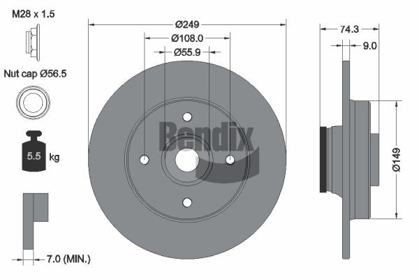 BENDIX Braking BDS1106: Stabdžių diskas Ø: 249mm, visiškai, Ø: 249mm, su ašies veržlėmis, padengta, su integruotu jutiklio žiedu, su rato guoliu, be rato tvirtinimo smeigių, su rato stebule