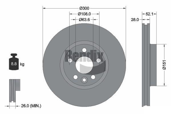 BENDIX Braking BDS1127HC: Brzdový kotouč R: 300mm, vnitřně větráno, R: 300mm, nátěr, bez náboje kola, bez ložiska (kola), bez šroubů vozidlového kola