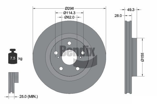 BENDIX Braking BDS1128: Bremžu diski Ø: 296mm, ar iekšējo ventilāciju, Ø: 296mm, pārklāts, bez riteņa rumbas, bez riteņa rumbas gultņa, bez riteņu stiprināšanas skrūvēm