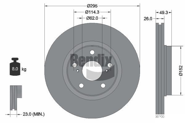 BENDIX Braking BDS1137: Disque de frein Ø: 295mm, ventilé de l'extérieur, Ø: 295mm, revêtu, sans moyeu de roue, sans roulement de roue, sans boulon de fix° de roue