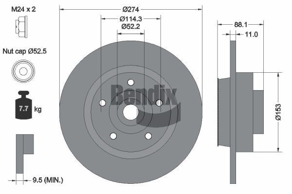 BENDIX Braking BDS1163: Disco de freno Ø: 274mm, macizo, Ø: 274mm, con tuerca del eje, revestido, con anillo sensor magnético incorporado, con cojinete rueda, sin perno de sujeción de rueda, con buje de rueda
