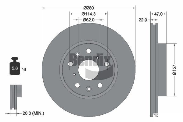 BENDIX Braking BDS1204: Stabdžių diskas Ø: 280mm, vidinis ventiliavimas, Ø: 280mm, be rato stebulės, be rato guolio, be rato tvirtinimo smeigių