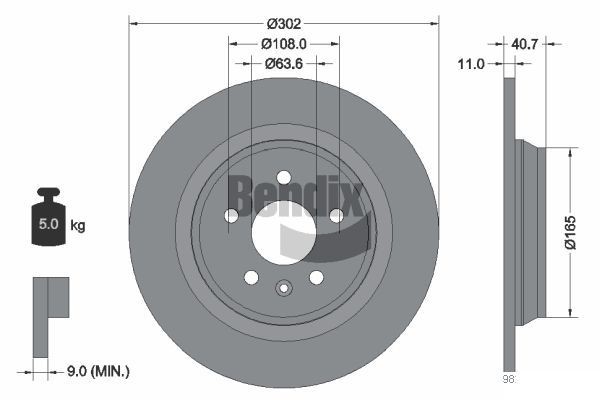 BENDIX Braking BDS1222: Piduriketas Ø: 302mm, täis, Ø: 302mm, kaetud, ilma rattakeskmeta, ilma rattalaagrita, ilma rattakinnituspoltideta