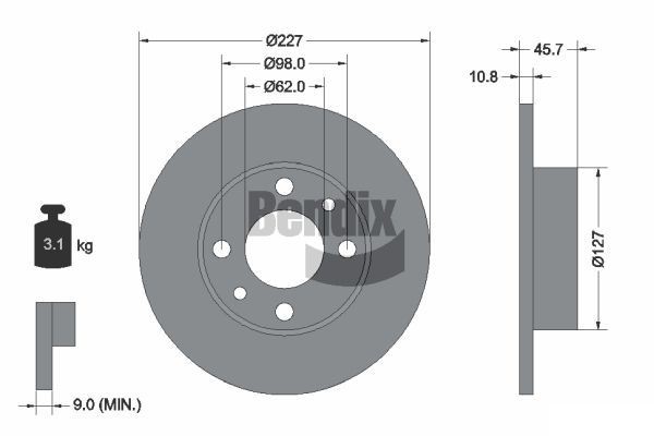 BENDIX Braking BDS1229: Piduriketas Ø: 227mm, täis, Ø: 227mm, ilma rattakeskmeta, ilma rattalaagrita, ilma rattakinnituspoltideta