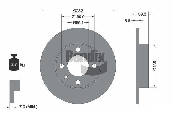 BENDIX Braking BDS1338: Bremseskive Ø: 232mm, fuldstændigt, Ø: 232mm, coatet, uden hjulnav, uden hjullejer, uden hjulbolte