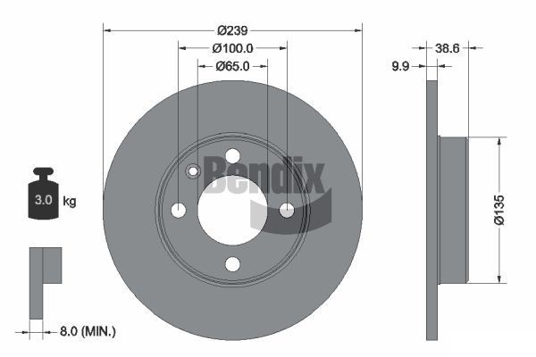 BENDIX Braking BDS1365: Stabdžių diskas Ø: 239mm, visiškai, Ø: 239mm, padengta, be rato stebulės, be rato guolio, be rato tvirtinimo smeigių