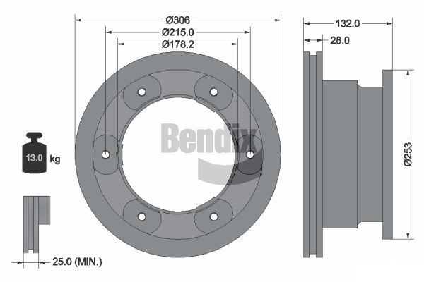 BENDIX Braking BDS1379: Disco de freno Ø: 306mm, ventilación interna, Ø: 306mm, revestido, sin buje de rueda, sin cojinete rueda, sin perno de sujeción de rueda