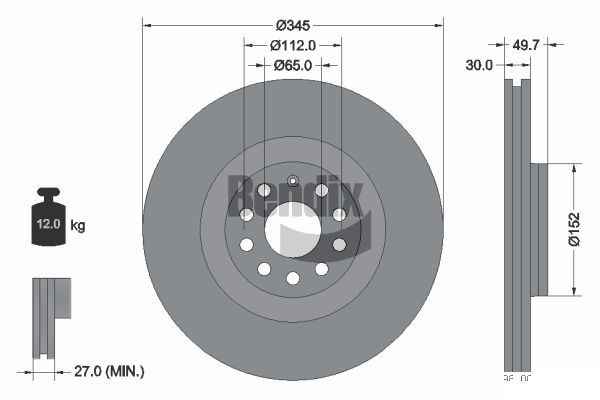 BENDIX Braking BDS1407HC: Piduriketas Ø: 345mm, sisemine õhutus, Ø: 345mm, kaetud, ilma rattakeskmeta, ilma rattalaagrita, ilma rattakinnituspoltideta