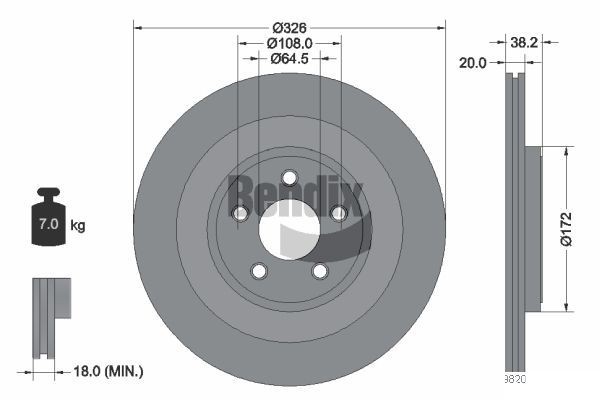 BENDIX Braking BDS1414: Δισκόπλακα Ø: 326mm, εσωτερικά αεριζόμενο, Ø: 326mm, με επίστρωση, χωρίς πλήμνη, χωρίς ρουλεμάν τροχού, χωρίς μπουλόνια στερέωσης τροχού