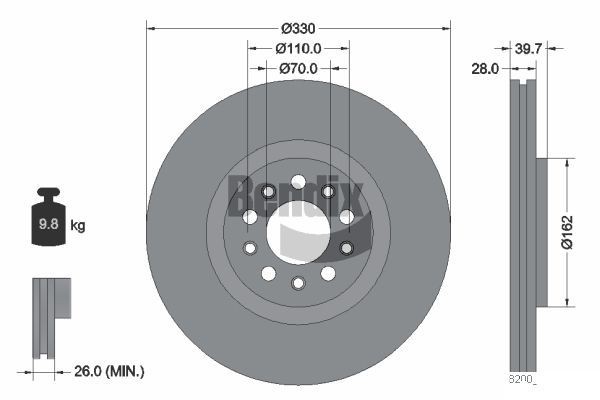 BENDIX Braking BDS1418: Bremžu diski Ø: 330mm, ar iekšējo ventilāciju, Ø: 330mm, pārklāts, bez riteņa rumbas, bez riteņa rumbas gultņa, bez riteņu stiprināšanas skrūvēm