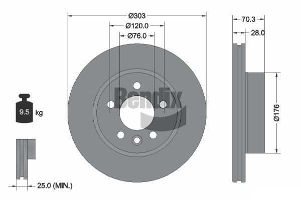 BENDIX Braking BDS1540: Stabdžių diskas Ø: 303mm, vidinis ventiliavimas, Ø: 303mm, padengta, be rato stebulės, be rato guolio, be rato tvirtinimo smeigių