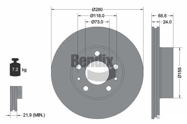 BENDIX Braking BDS1597: Bremžu diski Ø: 280mm, ar iekšējo ventilāciju, Ø: 280mm, pārklāts, bez riteņa rumbas, bez riteņa rumbas gultņa, bez riteņu stiprināšanas skrūvēm