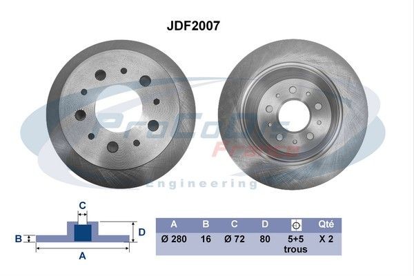 PROCODIS FRANCE JDF2007: Brzdový kotúč Zadna naprava, Ø: 280mm, plný, Ø: 280mm, nie pre ABS - snimaci kruzok, bez ložiska kolesa