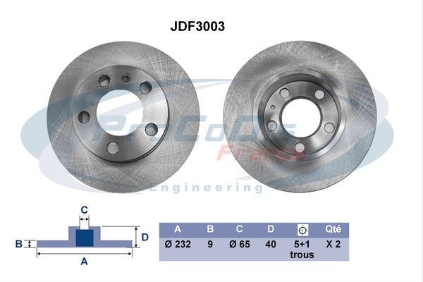 PROCODIS FRANCE JDF3003: Bremseskive bagaksel, Ø: 232mm, fuldstændigt, Ø: 232mm, uden ABS-sensorring, uden hjullejer