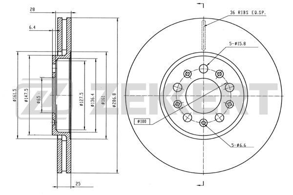ZEKKERT BS-5030B: Piduriketas Ø: 288mm, õhutusega, Ø: 288mm, värvitud