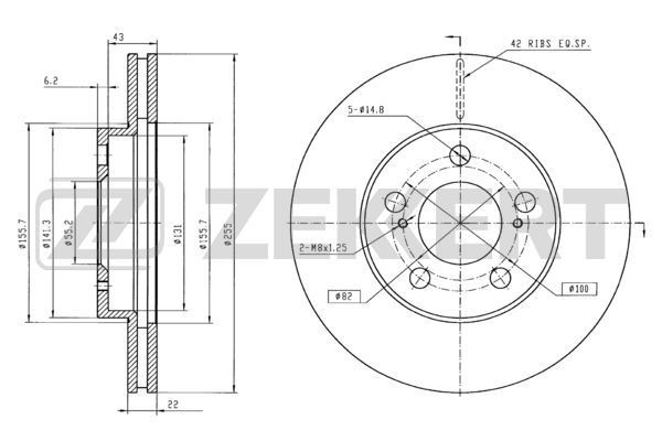 ZEKKERT BS-5779B: Remschijf Ø: 255mm, Geventileerd, Ø: 255mm, Gelakt
