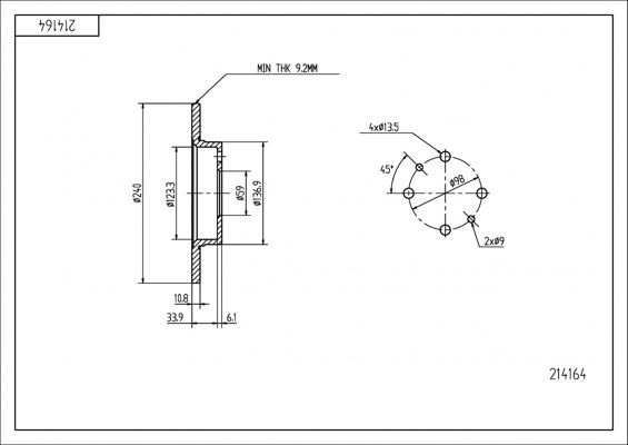 HART 214 164: Bromsskiva Ø: 240,5mm, full, Ø: 240,5mm