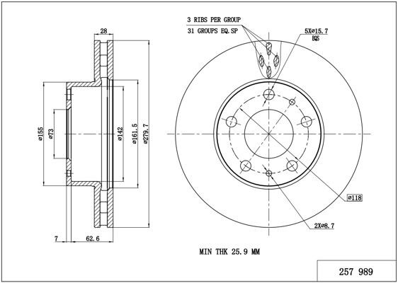 HART 257 989: Féktárcsa PREMIUM LINE Ø: 280mm, belső hűtésű, Ø: 280mm