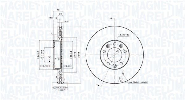 MAGNETI MARELLI 360406157601: Bremseskive Ø: 283mm, indvendigt ventileret, Ø: 283mm, UV-lakeret