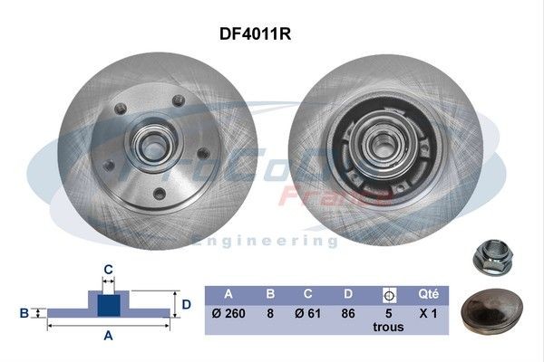 PROCODIS FRANCE DF4011R: Piduriketas Tagasild, Ø: 260mm, täis, Ø: 260mm, koos ABS-andurirõngaga, koos rattalaagriga