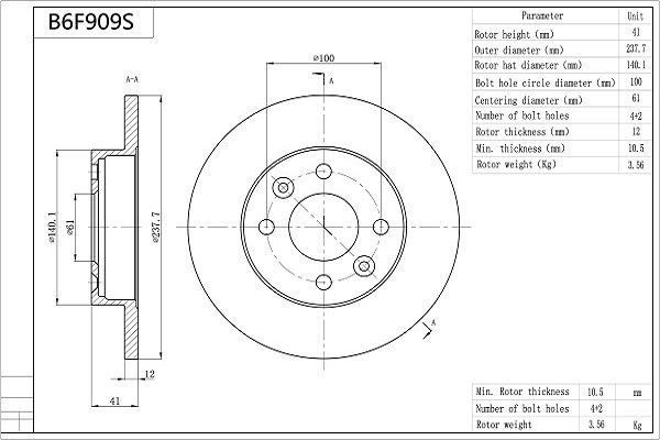 AISIN B6F909S: Disco de freno Premium ADVICS by AISIN Ø: 237,7mm, macizo, Ø: 237,7mm, revestido